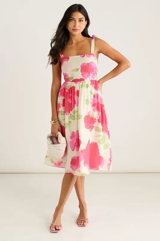 Pink Floral Tie Straps Midi Dress - Gini London