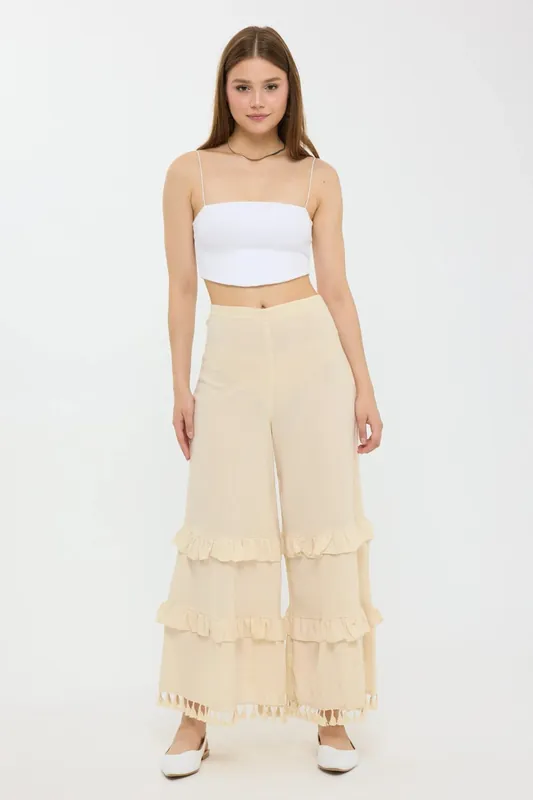 High-Waist Wide-Leg Linen Trousers with Tassel-Hem