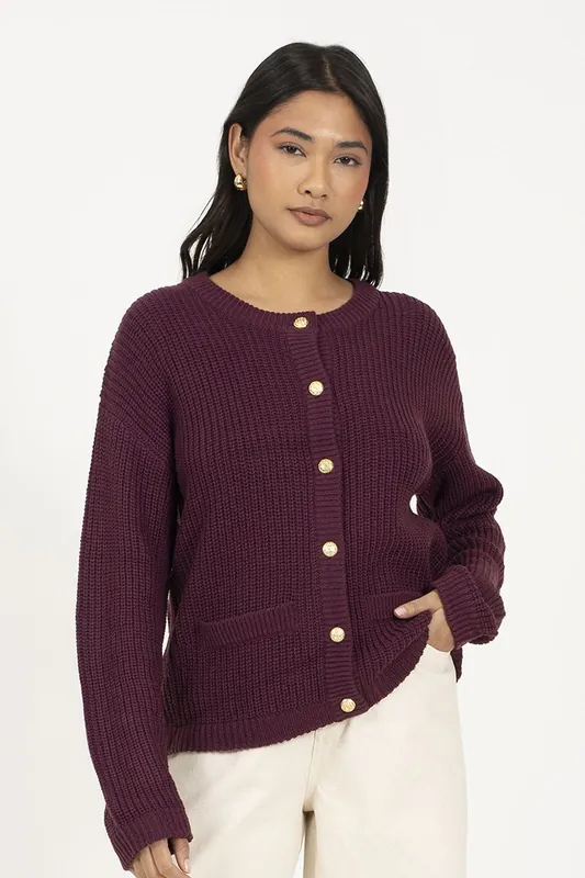 Round Neck Fisherman Knit Cardigan - Brave Soul