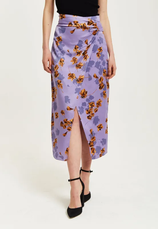 Purple Floral Midi Skirt With Ruching Detail - Liquorish