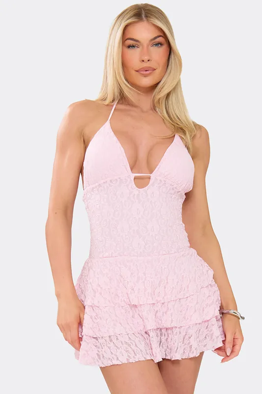 Strappy Halter Neck Lace Mini Playsuit - EGO