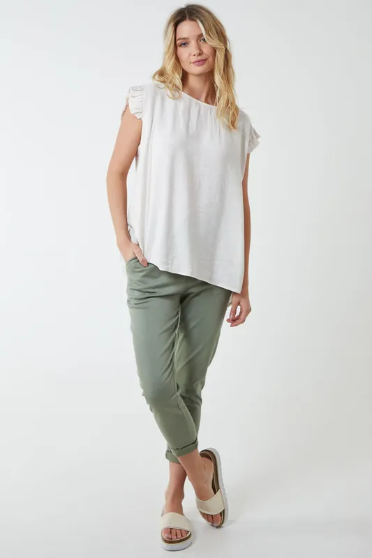 Beige Button Back Frill Shoulder Top - Blue Vanilla