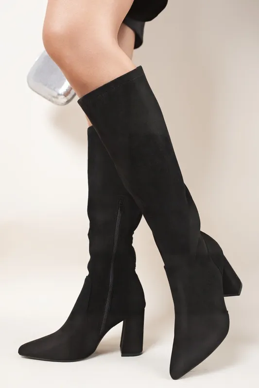 Odina Block Heel Pointed Toe Knee High Boots - IKRUSH