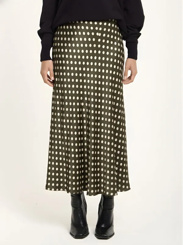Khaki Polka Dot Satin Midi Skirt - Liquorish