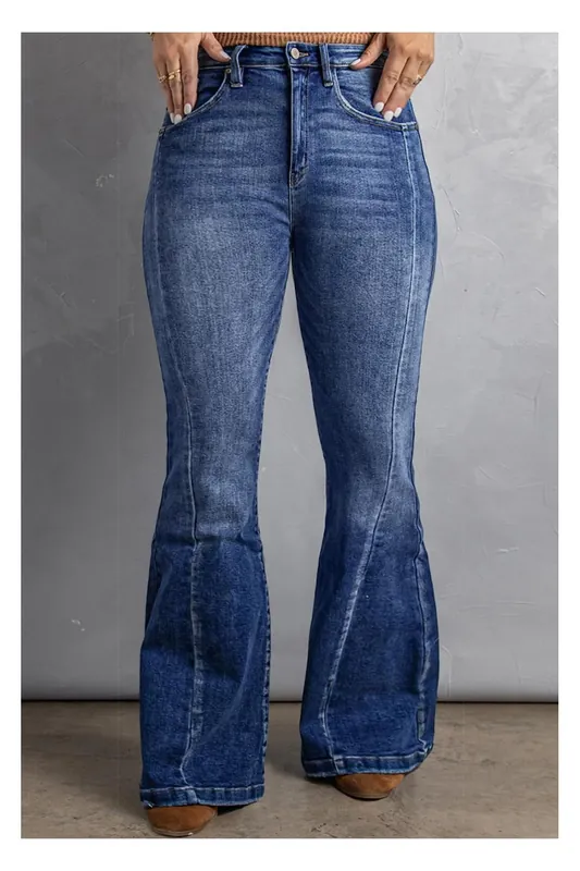Dark Blue Plus Size Stitching Washed Flare Jeans - Everyday The Label