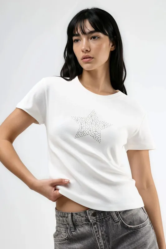 Stone Detailed Crew Neck T-Shirt