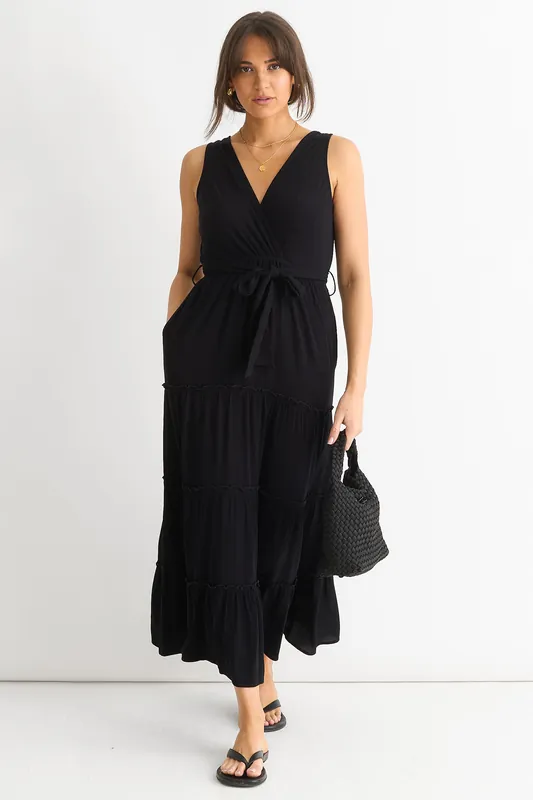 Black Viscose Wrap Tiered Maxi Dress - Gini London