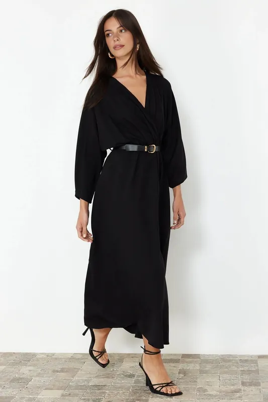 Belted A-Line Wrap Collar Batwing Sleeve Midi Dress