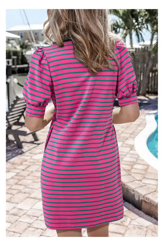 Pink Stripe Collared V Neck Puff Sleeve T Shirt Dress - Everyday The Label