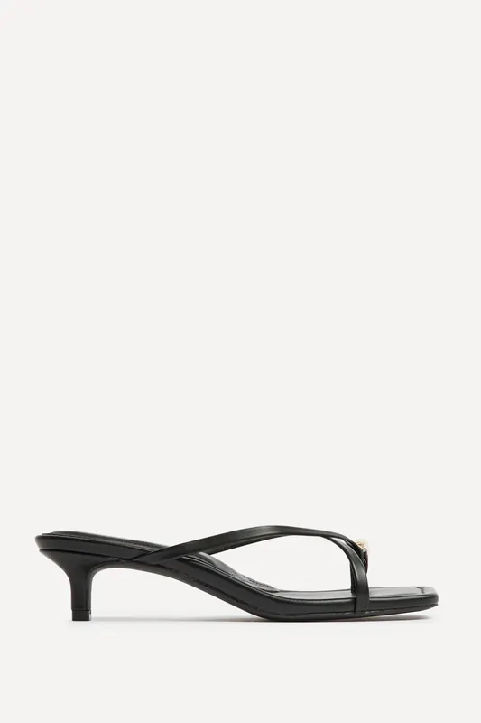 Polished Black Faux Leather Mule Heels - Linzi