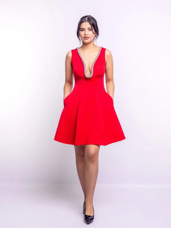 Red Embellished Deep V Flare Dress – Luxe Mini Edition - AVINCI
