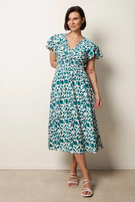 Teal Printed V Neck Frill Sleeve Midi Dress - Blue Vanilla