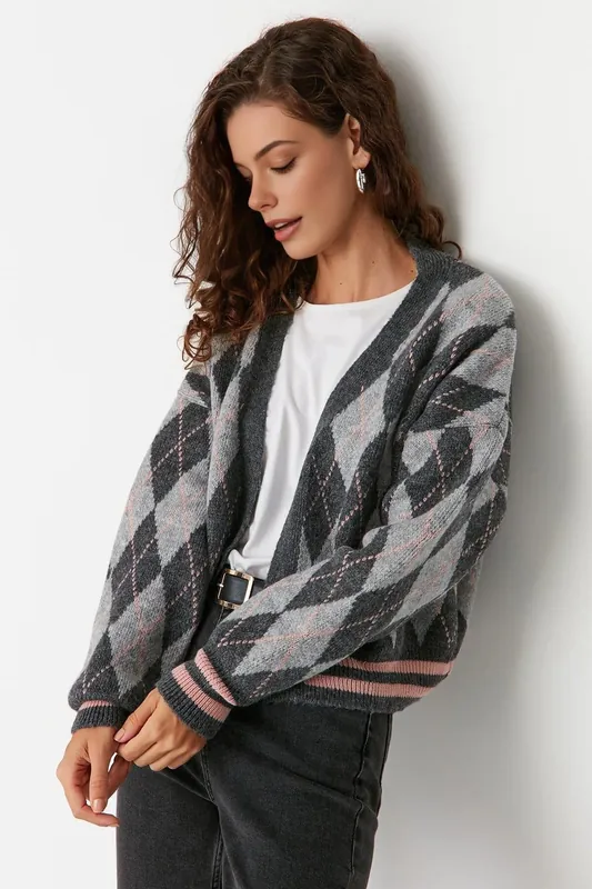 Argyle Pattern Open-Front Soft Knit Cardigan