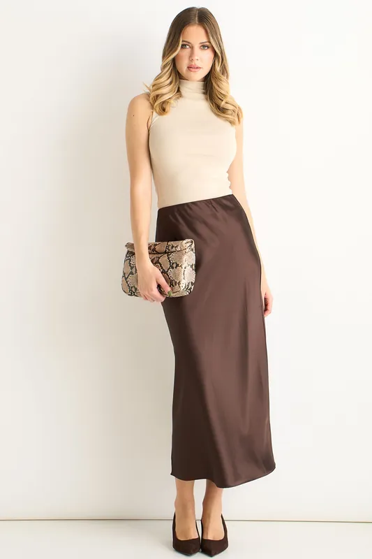 Chocolate Satin Bias Cut Midi Skirt - Gini London