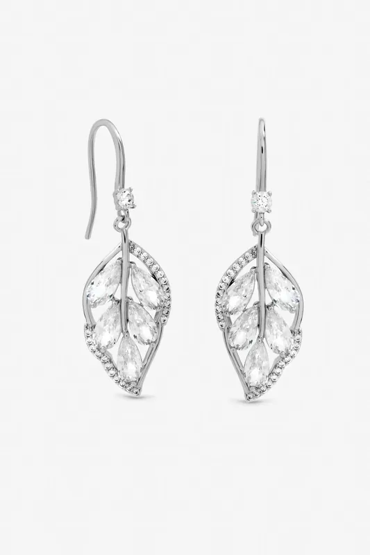 Rhodium Plated and Crytal Leaf Drop Earrings - Jon Richard