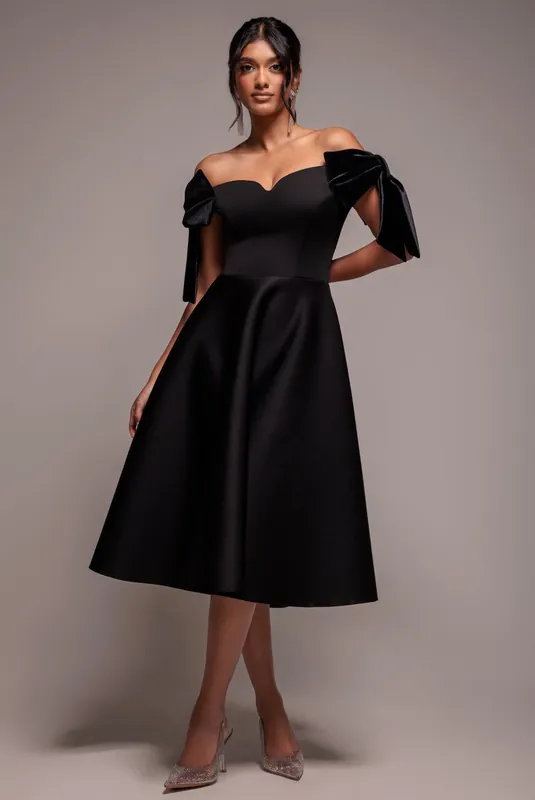 Scuba Off The Shoulder Velvet Bow Skater Midi Dress - Goddiva