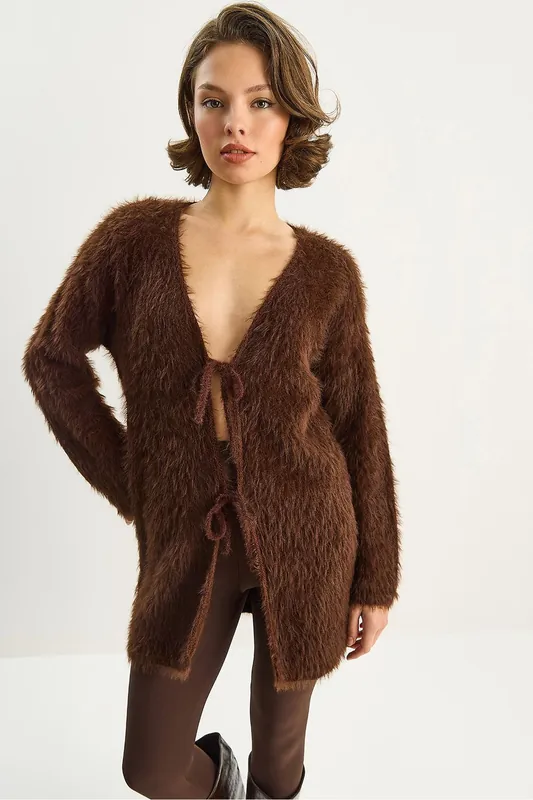 Textured V-Neck Midi Cardigan with Tie Closure