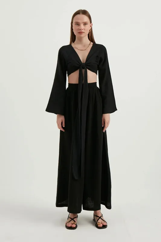 Linen High Waist Elastic Waist Super Wide Leg Trousers - Hiccup