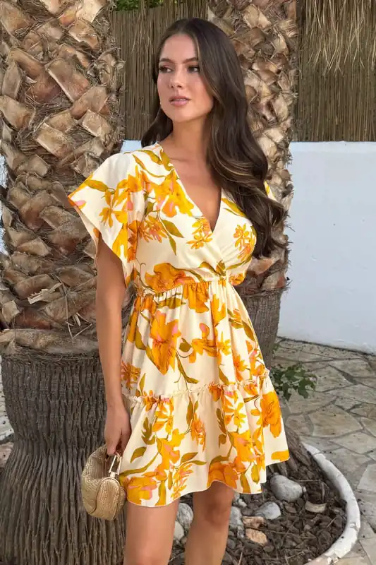 Yellow Floral Print Wrap Top Tiered Mini Dress - AX Paris
