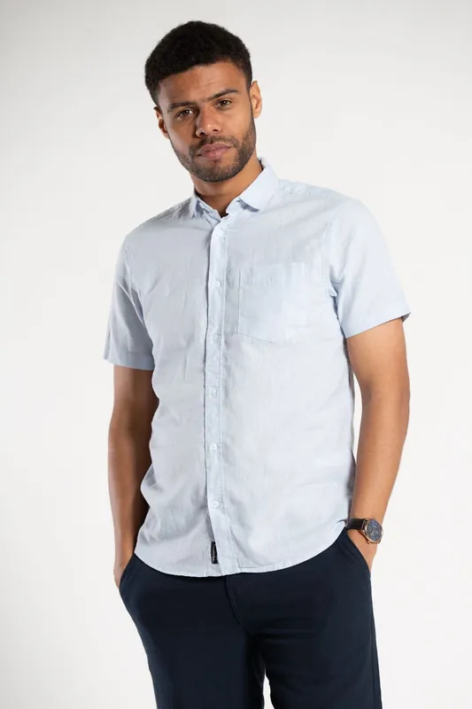 Linen Blend Short Sleeve Button-Up Shirt with Chest Pocket