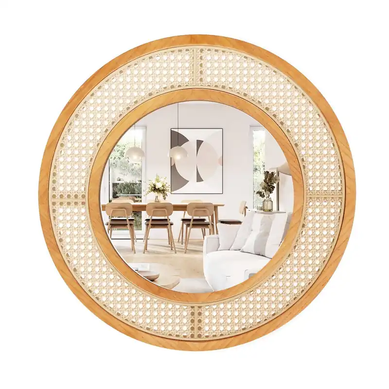 Rattan Round Wall Mirror 65CM Decorative Vanity Mirror Wooden Framed - Gymax