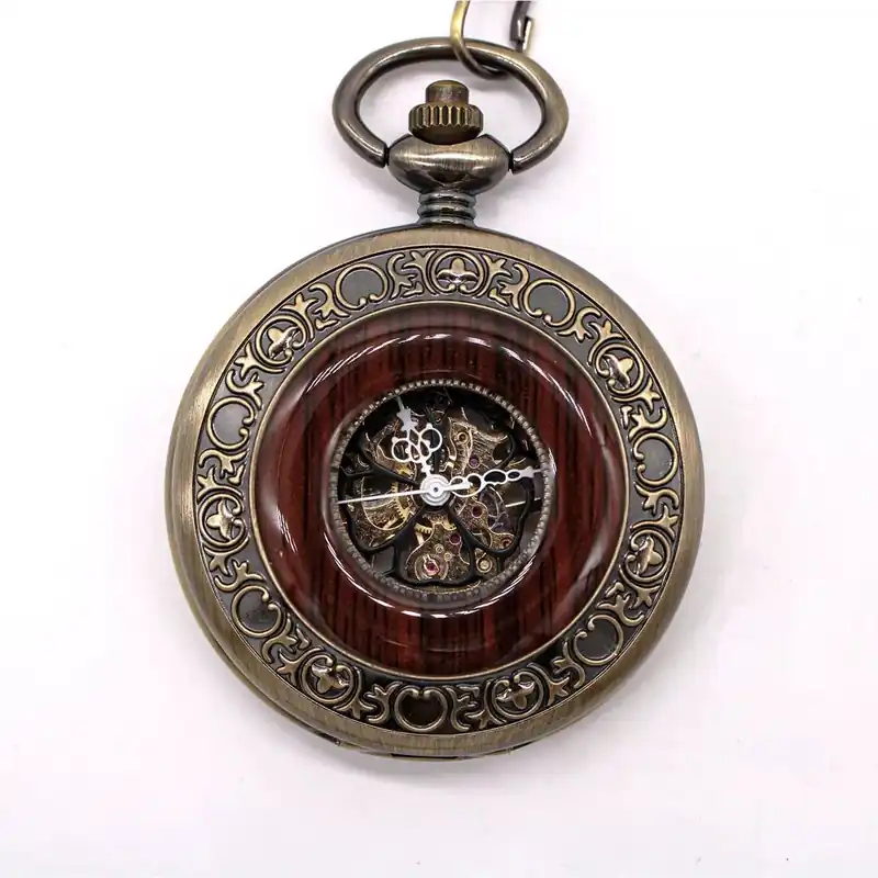 Mechanical Skeleton Half Hunter Vintage Wooden Pocket Watch With Chain - TruClothing
