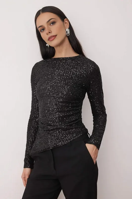 Sequin Knit Boat Neck Party Blouse - WOVCOR