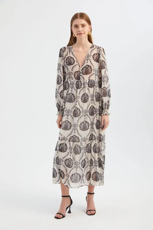 Abstract V Neck Buttoned Tiered Maxi Dress - Hiccup