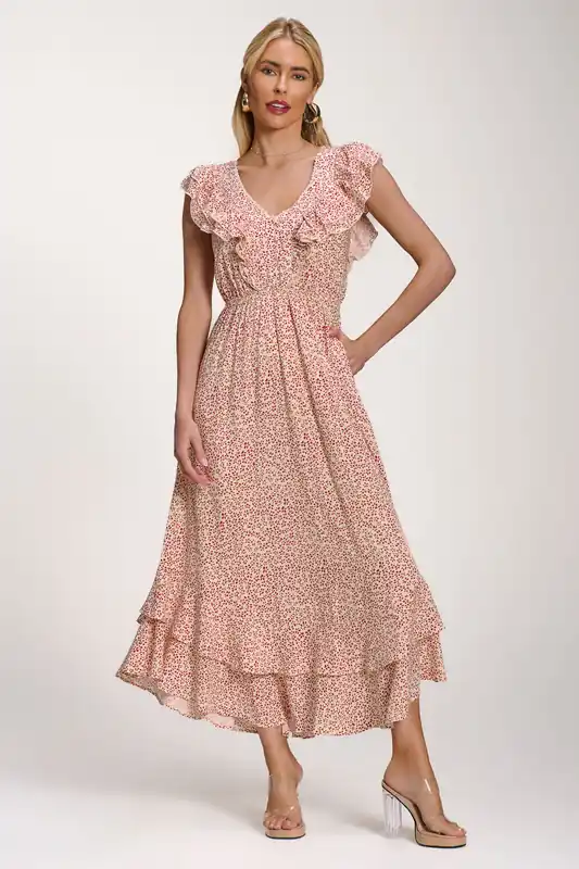 Ruffle V-Neck Viscose Midi Dress