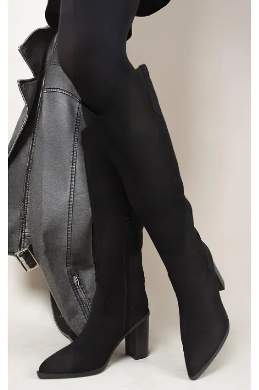 Aletta Pointed Toe Block Heel Knee High Boots - IKRUSH