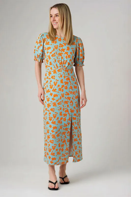 Floral Print Round Neck Short Puff Sleeve Midi Dress - Wednesday's Girl