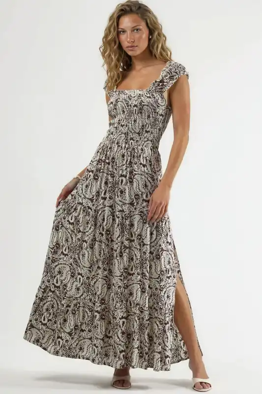 Paisley Print Maxi Dress with Square Collar - Busem