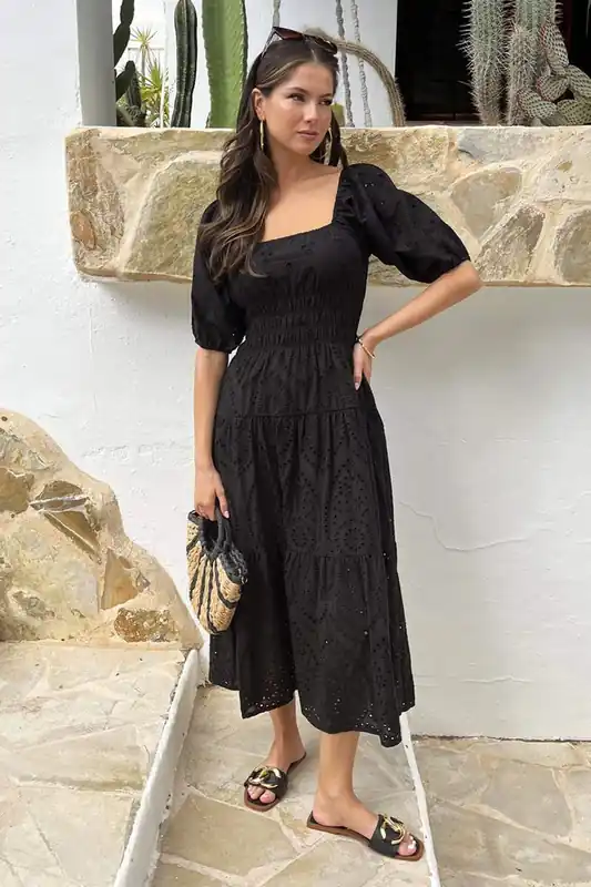 Black Broderie Puff Sleeve Smock Midi Dress - AX Paris