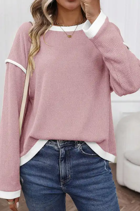 Light Pink Contrast Color Trim Knit Drop Shoulder Loose Top - Everyday The Label