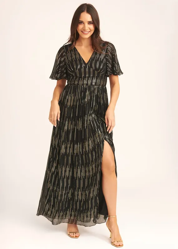Black Stripe Foil Angel Sleeves Maxi Dress - Gini London