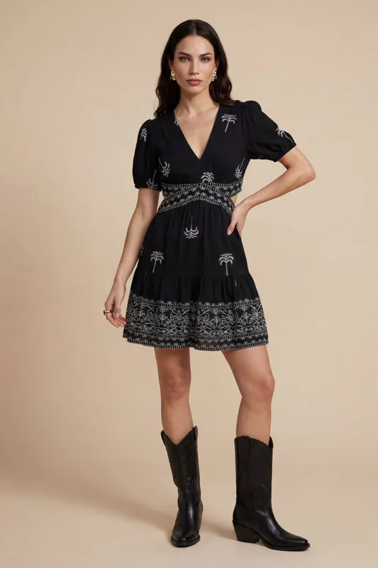 Open Back Tirered Mini Dress Black Pattern - Urban Bliss