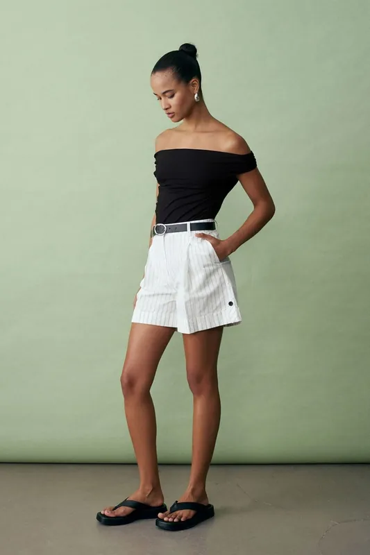 High-waist Striped Belted Tailored Shorts