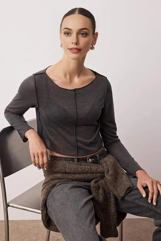 Transparent Ribbed Crop Knit Blouse - WOVCOR