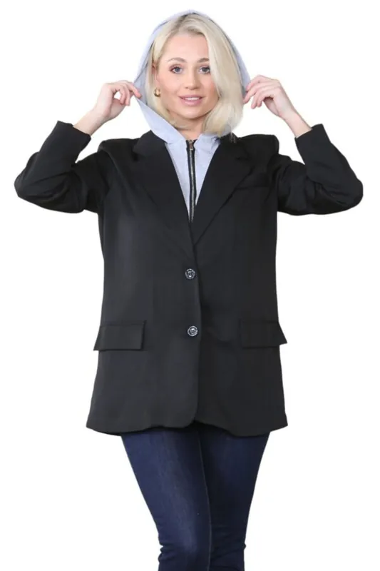 Black Hooded Insert Blazer - Femme Luxe