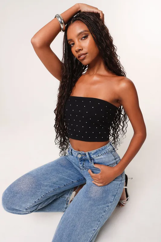 Black Diamante Bandeau Crop Top - Pink Vanilla