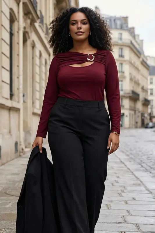 Cut Out Hardware Detail Long Sleeve Fitted Top - WOVCOR