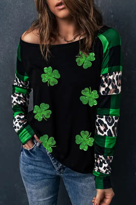 Green Sequin Clover Patch Graphic Plaid&leopard Sleeve Top - Everyday The Label