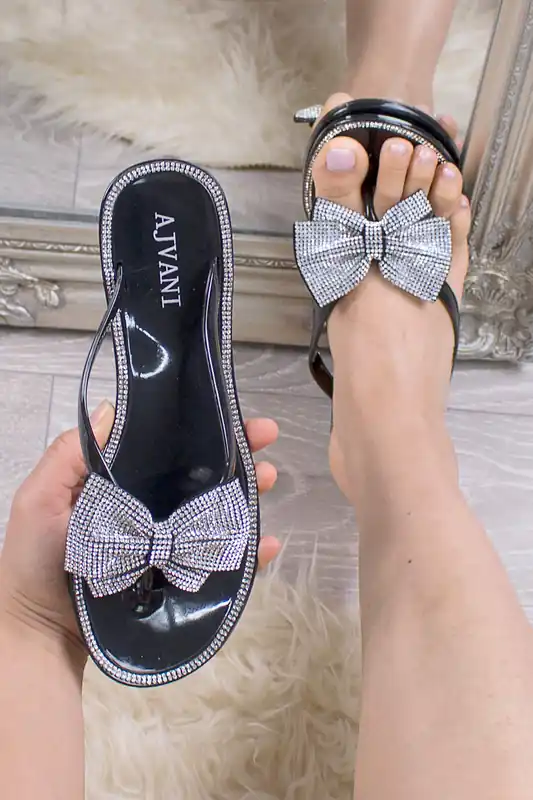 Flat Heel Toe Post Diamante Bow Sparkly Sandals - AJVANI