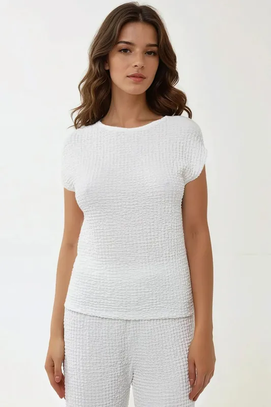 Textured Crew Neck Short Sleeve Top - Hiccup