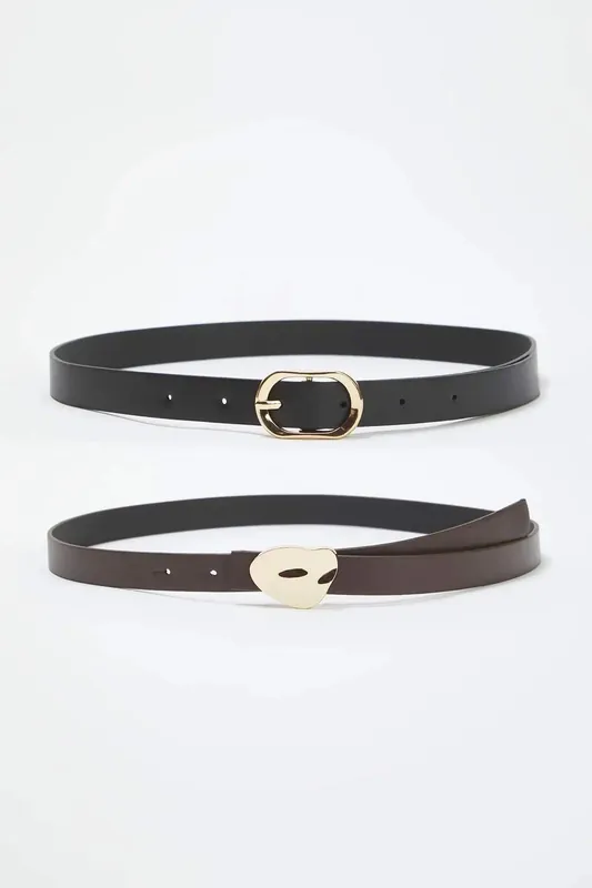 Double Pack Gold Tone Mixed Buckle Slim Faux Leather Belt - WOVCOR