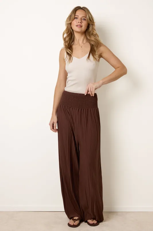 Brown Shirred Waist Pleated Wide Leg Trousers - Blue Vanilla