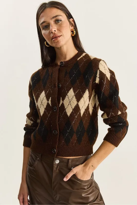 Thick Jacquard Knit Cardigan with Button Closure - Bianco Lucci