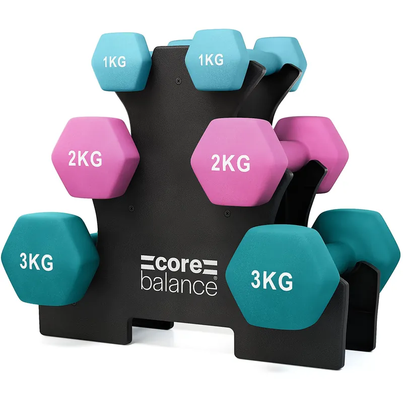 Hex Dumbbell Set with Rack Neoprene Cast Iron Weights 12kg or 18kg - Core Balance