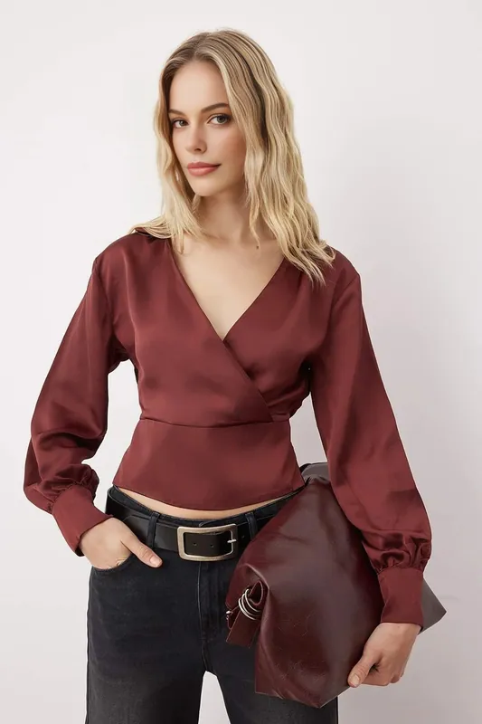 Satin Woven Wrap Blouse with V Neck Detail - WOVCOR