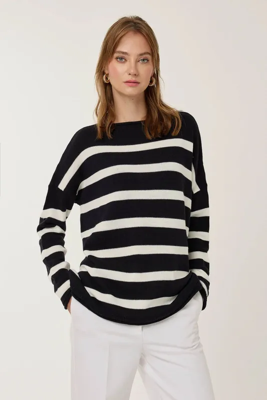 Striped Ribbed Boat Neck Sweater - Hiccup